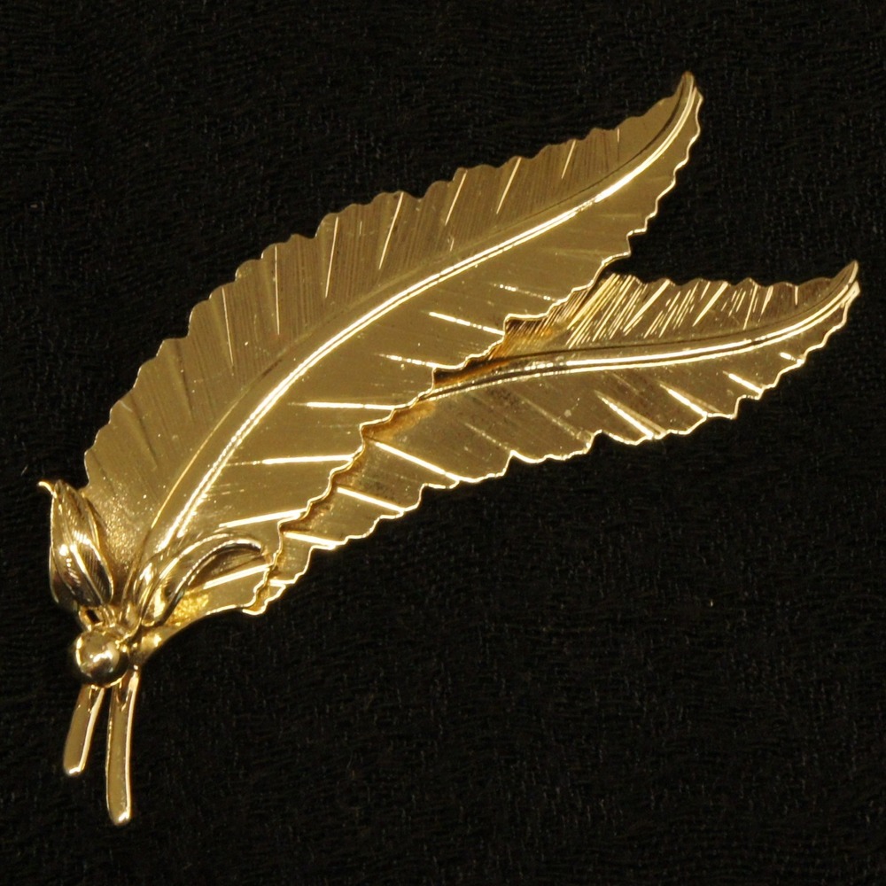 Vintage Style Gold Tone Leaf Brooch Long Double‎ Leaf Nature Pin